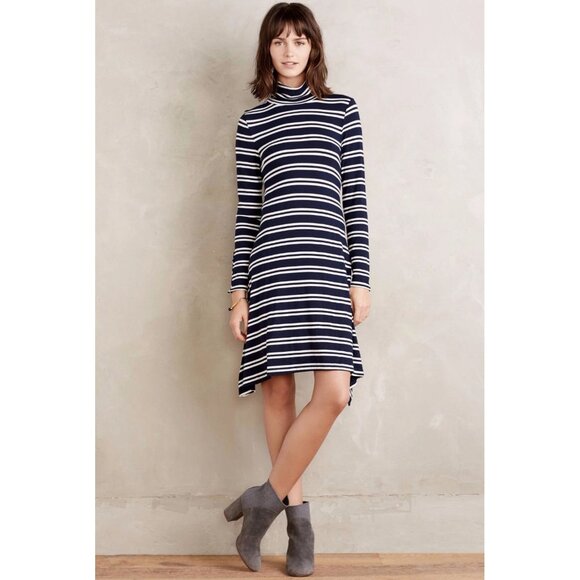 Anthropologie Maeve Striped Navy & White Long-Sleeve Turtleneck Midi Dress Size - Picture 2 of 14